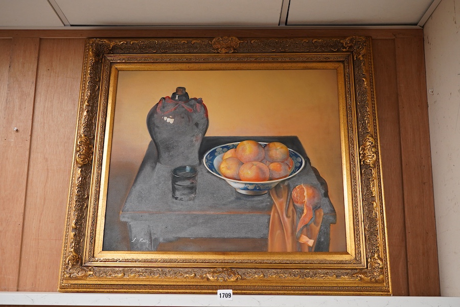 J Rees, Contemporary, Still life of a bowl of oranges on a table, oil on canvas, signed 60 x 50cm, ornate gilt frame